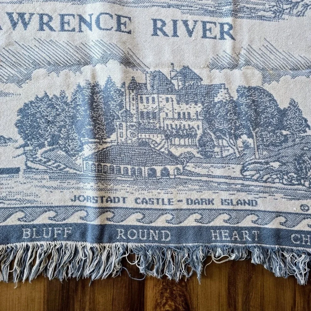 Vintage 1994‎ Blue 1000 Islands Woven Tapestry Throw Blanket St. Lawrence River